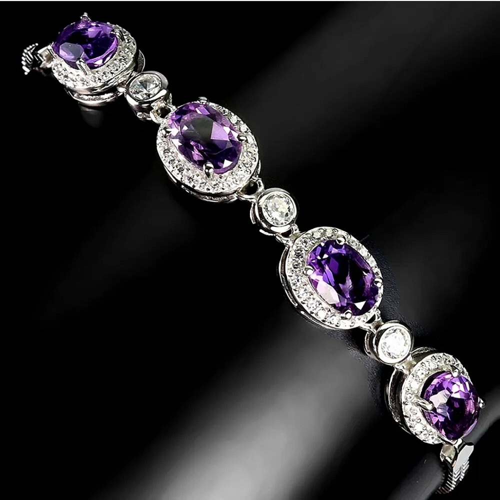 Natural Purple Amethyst 7x5mm & Cz 925 Sterling Silver Bracelet 7"